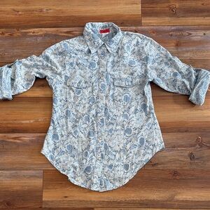 Women’s Casual Blue Patterned Pearl Snap Button-Down Shirt